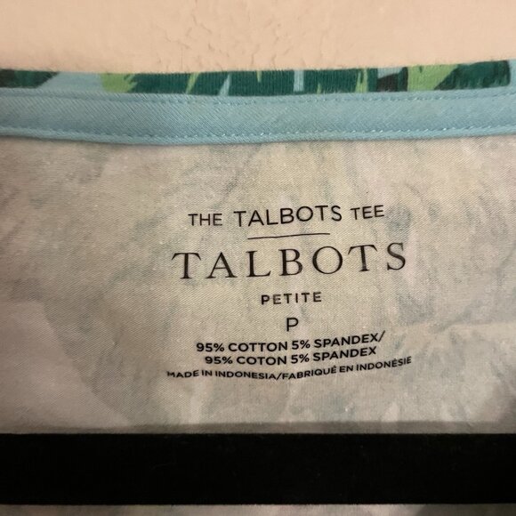 Talbots Petite Women P Blue Green Isle Fronds Preppy 3/4 Sleeve Bateau Neck Tee - Picture 7 of 9